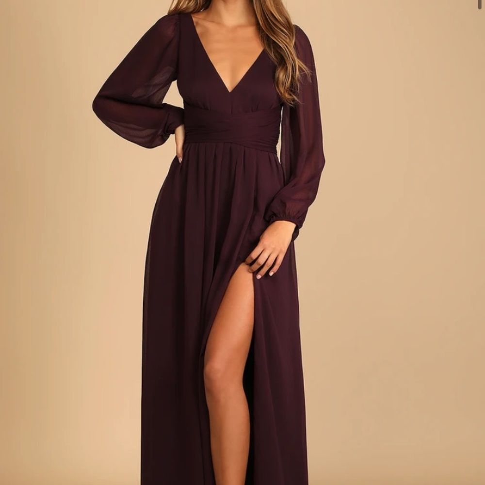 Lulu’s Enchant My Love Dark Purple V-Neck Long Sleeve Maxi Dress